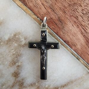 Vintage Black Cross Pendant with Silver-tone Corpus - Likely 1930s-60s